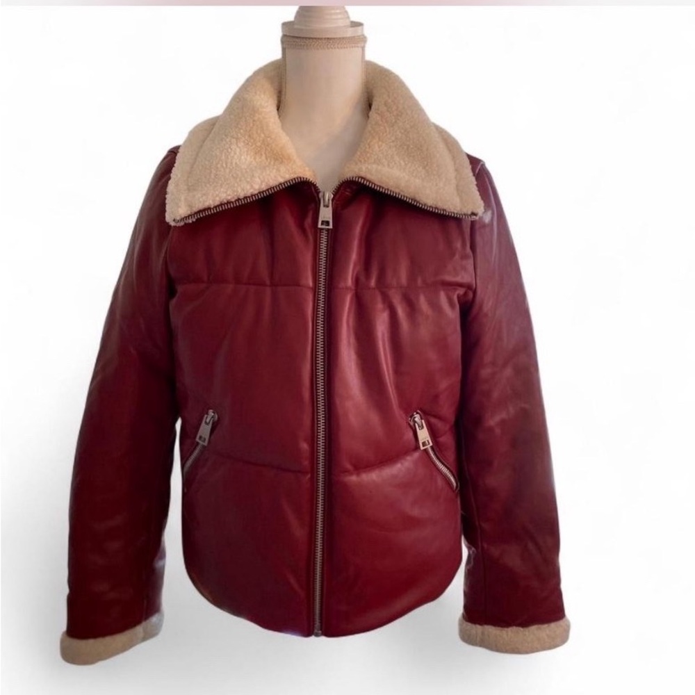 Levi's Burgundy Leather Bomber Jacket with Cream Shearling Collard